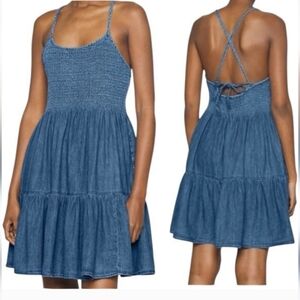GAP Blue Smocked Teired Denim Summer Cross Tie Back Dress Large